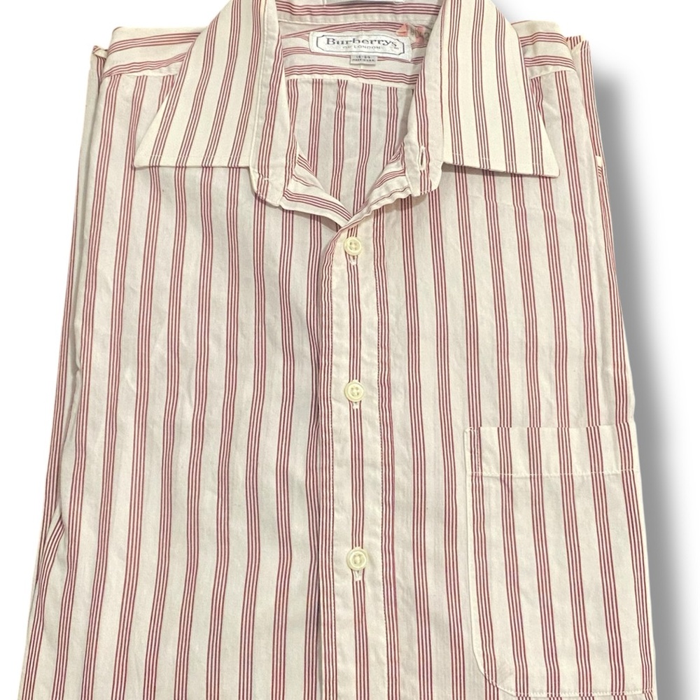 Vintage Burberrys of London Red White Striped Button Down Shirt 16-34